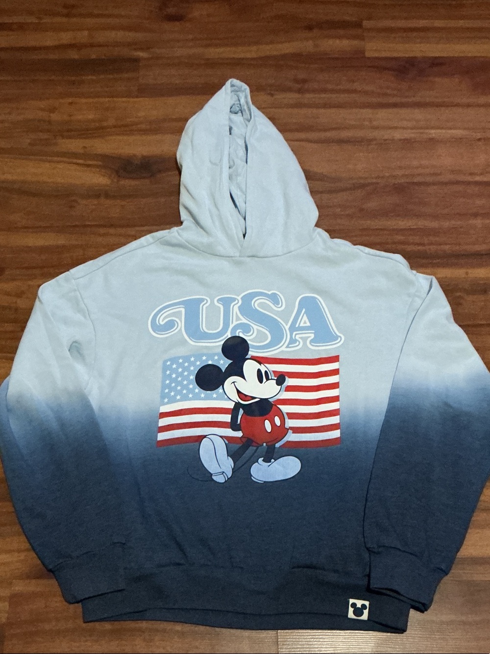 USA Mickey Mouse Gradient Hoodie Sweatshirt - Light Blue to Navy adults xs new